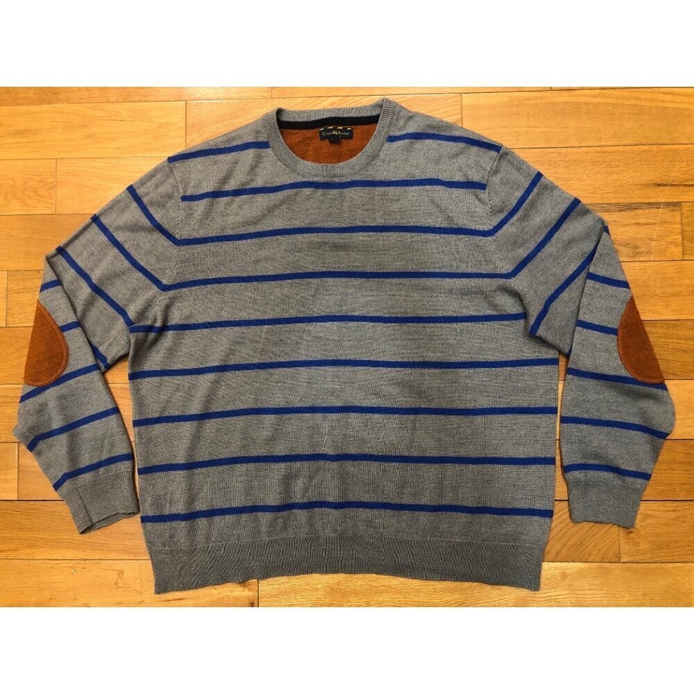 Club Room Merino Blend Crew Neck Gray Striped Sweater Size XL